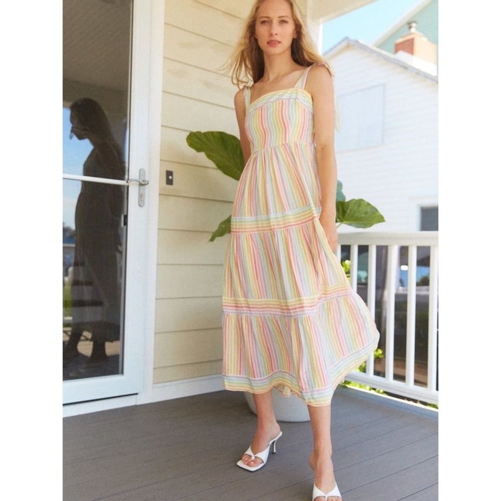 Yumi Kim Rainbow Striped Tie-Shoulder Tiered Maxi Dress